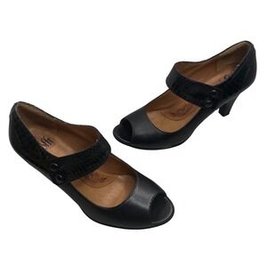 Sofft Black Leather Peep Toe Mary Jane Heels Croc Embossed 8M Coquette whimsical